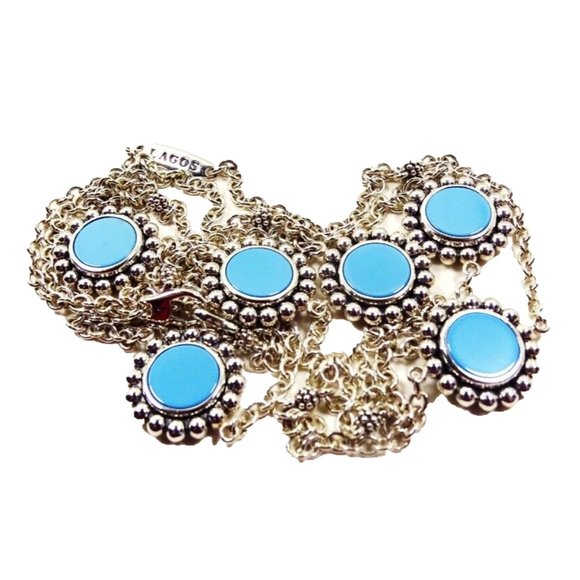 LAGOS Maya Sterling Silver Blue Turquoise Circle Stations Long Necklace - Picture 1 of 8